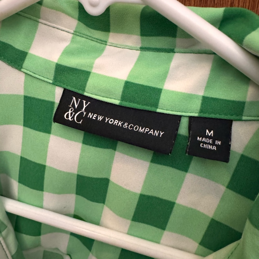 New York & Company Green and White Gingham Shirt Dress - Picture 3 of 4